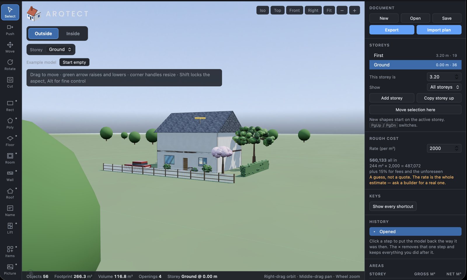A two-storey house modelled in Arqtect, seen from outside
